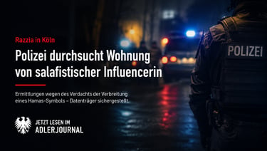 Ein deutscher Polizist bei einer nächtlichen Razzia in Köln mit blinkendem Blaulicht und einer Meldu