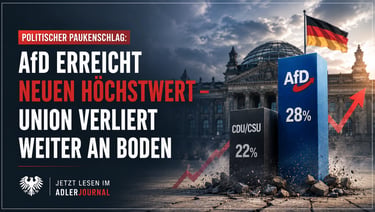 Vor dem Reichstagsgebäude zeigen die Ergebnisse einer deutschen politischen Umfrage die AfD bei 28 %