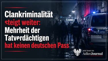 Deutsche Polizisten überwachen nachts eine dunkle Straße mit Textnachrichten über Clan-Kriminalität