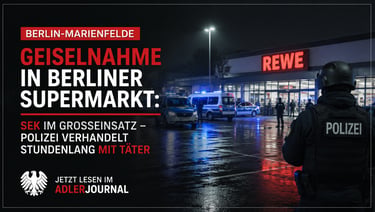Deutsche Polizei und SEK-Beamte rücken zu einer Geiselnahme in einem Rewe-Supermarkt in Berlin-Marie