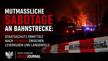 Deutsche Nachrichtenschlagzeile über Bahnsabotage mit einem Zug und einem Feuer im Hintergrund.