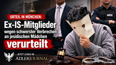 Maskierter Angeklagter in einem Münchner Gerichtssaal bei einem Prozess gegen ehemalige IS-Mitgliede