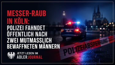 Polizeiabsperrung in Köln bei Nacht mit Polizeiauto vor dem Dom wegen eines bewaffneten Messer-Raubs.