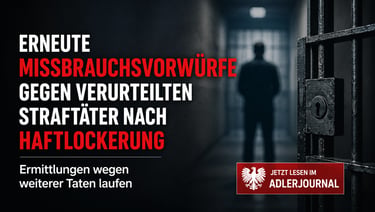 Ein Häftling hinter Gitterstäben in einer dunklen Gefängniszelle mit Schlagzeile zu Missbrauchsvorwürfen.