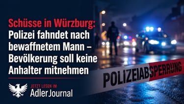 Polizeiabsperrung in Würzburg bei Nacht mit Polizeiautos und Schlagzeile zur Fahndung nach bewaffnetem Täter.