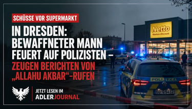 Polizeiwagen mit blinkenden Blaulichtern vor einem Netto-Supermarkt in Dresden nach einer Schießerei