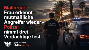 Ein Beamter der spanischen Policia Nacional steht während eines Nachrichtenberichts bei Sonnenunterg