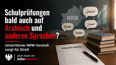 Infografik über NEUE Schulprüfungen in Arabisch und anderen Sprachen mit Text und Prüfungsunterlagen