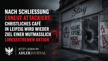 Vandalisierte Fassade des Stay Cafés in Leipzig mit Graffiti und zerbrochener Fensterscheibe, Berich