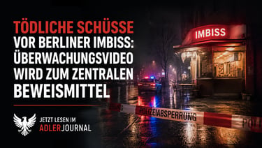 Nachts Tatort in einer Berliner Imbissbude mit Polizeiband und Streifenwagen für die Nachrichten des