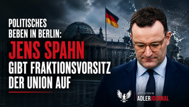 Der deutsche Politiker Jens Spahn vor dem Reichstagsgebäude mit einer Schlagzeile über die Führung d