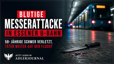 Eine Nachrichtengrafik über einen Messerangriff in der Essener U-Bahn-Station zeigt ein blutiges Mes