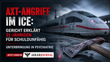 Auf einem Bahnsteig liegt eine blutige Axt neben einem ICE-Hochgeschwindigkeitszug; daneben ist ein