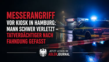 Polizeiauto mit Blaulicht vor Tatort-Absperrung bei einem Kiosk in Hamburg nach einem Messerangriff.