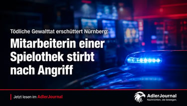 Blaulicht eines Polizeiautos nachts vor einem Casino; Schlagzeile über ein Verbrechen in Nürnberg.