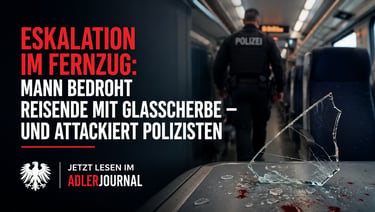 Zersplittertes Glas auf einem Zugsitz, im Hintergrund ein verschwommener deutscher Polizist.