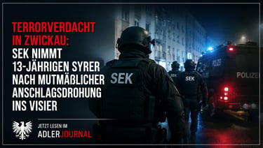 Deutsche SEK-Polizisten in taktischer Ausrüstung bei Nacht während einer Terrorermittlung in Zwickau