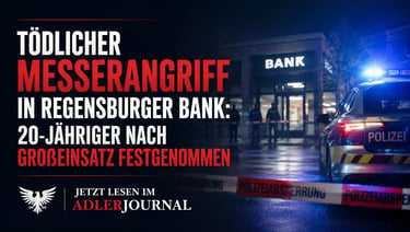 Deutsches Polizeiauto und Absperrband am Tatort einer Bank in Regensburg nach einem tödlichen Messer