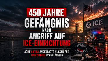 A dramatic political poster showing an ICE facility at sunset with German text regarding Antifa prison sentences.