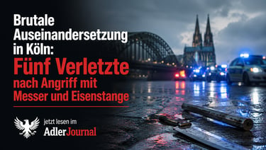 Messer und Eisenstange an einem verregneten Kölner Tatort mit Polizeiautos und dem Dom im Hintergrun