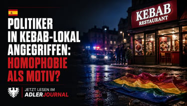 Nachts liegt eine Regenbogenflagge auf einer nassen Straße in der Nähe eines Dönerrestaurants und ei