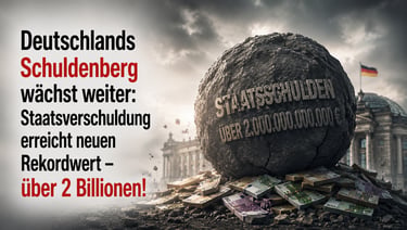Ein riesiger Felsbrocken mit der Aufschrift „Staatsschulden“ auf Euro-Banknoten symbolisiert die Sta