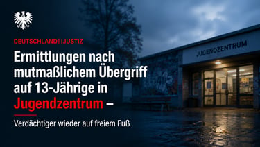 Ein deutsches Jugendzentrum in der Abenddämmerung mit einer Nachricht über polizeiliche Ermittlungen