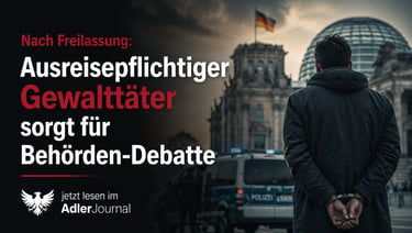 Ein Mann in Handschellen steht vor dem Reichstagsgebäude in Berlin und symbolisiert die deutsche pol