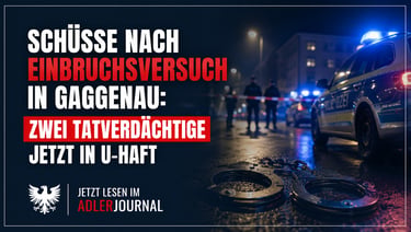 Tatort der deutschen Polizei in Gaggenau mit Handschellen und Blaulicht nach einem Einbruchsversuch.