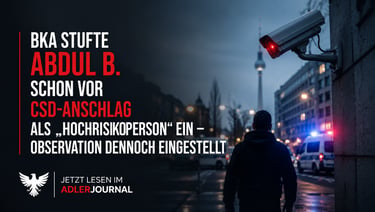 Überwachungskamera beobachtet einen Mann und ein Polizeiauto mit Berliner Skyline-Hintergrund; Text 