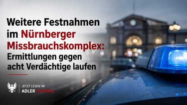 Polizeiauto mit Blaulicht vor dem Nürnberger Hauptbahnhof mit Schlagzeile zu Festnahmen im Missbrauchskomplex.