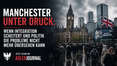 Vor dem Rathaus von Manchester versammelte sich eine Menschenmenge. Auf dem Plakat war der Schriftzu