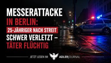 Schlagzeile über einen Messerangriff in Berlin mit Polizeiauto und Tatort im Hintergrund.