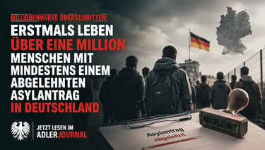 Infografik über abgelehnte Asylanträge in Deutschland, die eine Menschenmenge und eine deutsche Flag