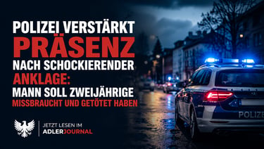 Polizeiauto mit Blaulicht im Einsatz bei Nacht vor einer Schlagzeile zum Adler Journal Bericht.