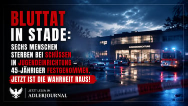 Polizeiwagen und Krankenwagen an einem Tatort in Stade bei Nacht, dazu eine Meldung über eine Schieß