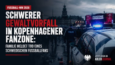Polizeiwagen mit Blaulicht vor einer Fanzone in Kopenhagen zur Fussball-WM 2026 bei Nacht.