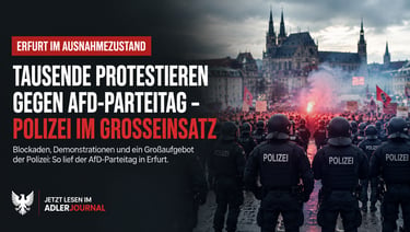 Deutsche Polizisten überwachen eine Großdemonstration in Erfurt gegen einen AfD-Parteitag.
