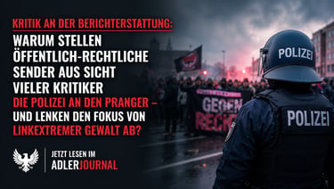 Ein deutscher Polizist in Schutzausrüstung steht einer Protestmenge mit politischen Transparenten un