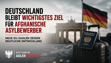 Ein afghanischer Pass auf einem Koffer vor dem Brandenburger Tor in Berlin und der deutschen Flagge.