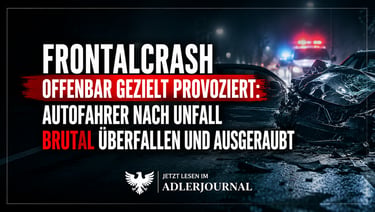 Dramatische Autounfallszene bei Nacht mit Blaulicht und deutschem Nachrichtentext über einen brutale