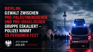Berliner Polizeiwagen mit Blaulicht bei einer nächtlichen Demonstration in der Nähe des Fernsehturms