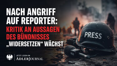 Deutsche Nachrichtenschlagzeile zur Pressesicherheit mit Helm und Mikrofon auf dunkler Straße.