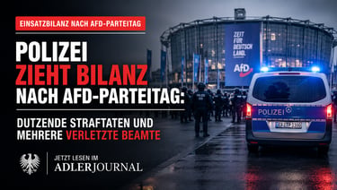 Deutsche Polizisten patrouillieren mit eingeschaltetem Blaulicht und in Schutzausrüstung vor einem A