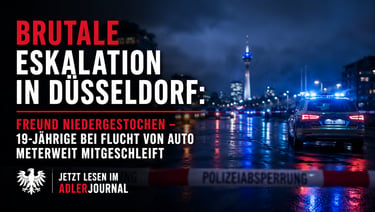 Polizeiwagen an einem abgesperrten Tatort in Düsseldorf bei Nacht, Schlagzeilen berichten von einer