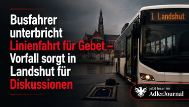 Ein weißer Linienbus in Landshut parkt neben einer Gebetsmatte auf dem Bürgersteig in der Nähe des F