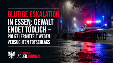 Polizeiabsperrung in Essen bei Nacht mit Polizeiauto und Schlagzeile über Gewaltverbrechen im Adler Journal.