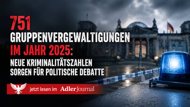 Polizeisirene und Absperrband vor dem Reichstagsgebäude mit einer Schlagzeile zur Kriminalstatistik