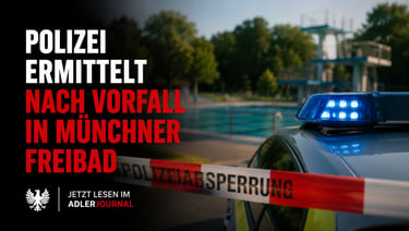 Polizeifahrzeug und Absperrband am Tatort in einem Münchner Freibad für einen Reportagebericht über