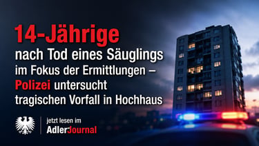 Polizeiauto mit Blaulicht vor einem Hochhaus bei Nacht mit Schlagzeile zu Ermittlungen.